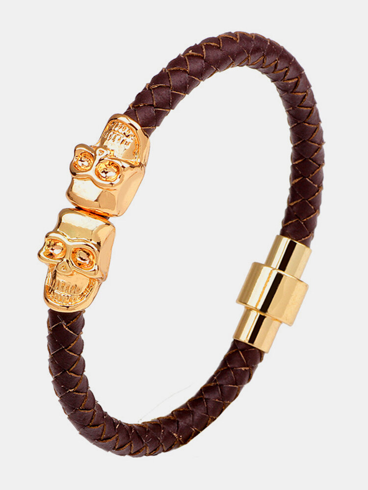 Men's Retro Gold Skull Bangle Bracelet Multicolor Leather Chain 