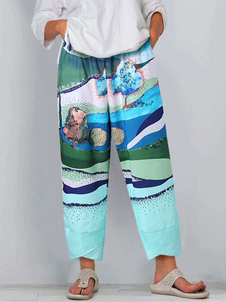 Casual Natural Scenery Print Irregualr Hem Plus Size Pants With Pockets
