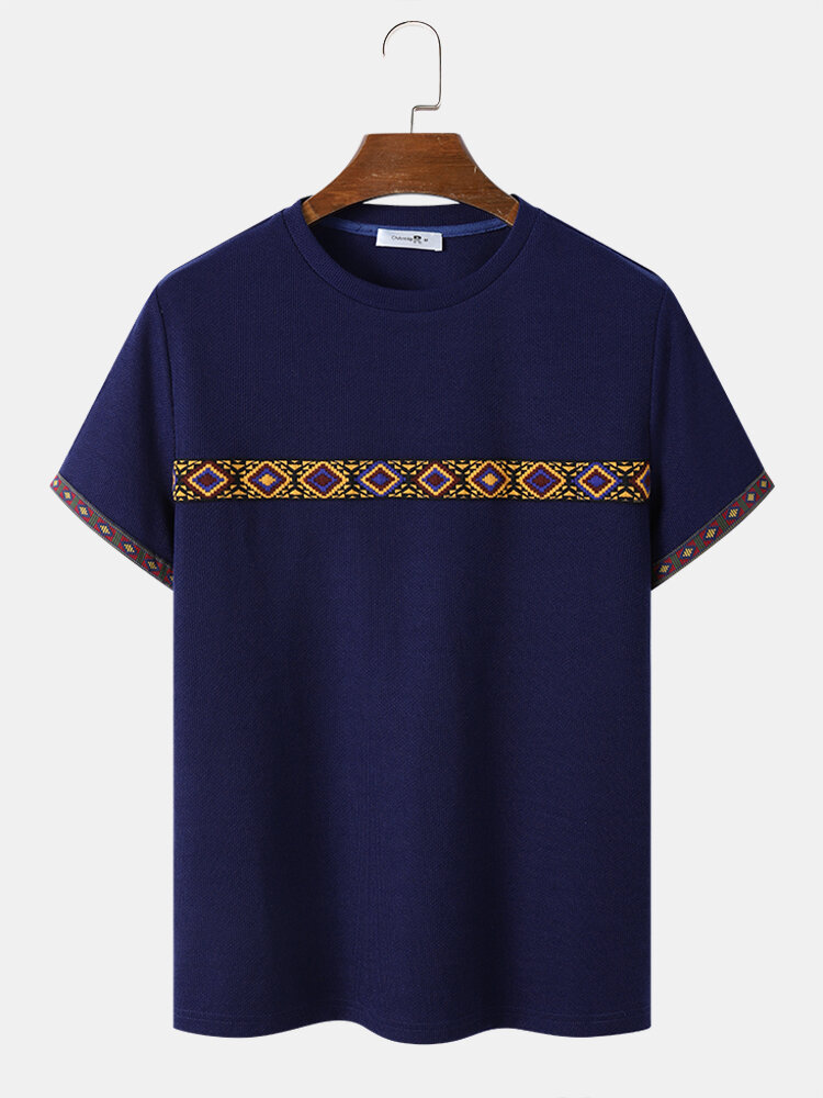 Mens Ethnic Spliced Designed O Neck Short Sleeve T-Shirts