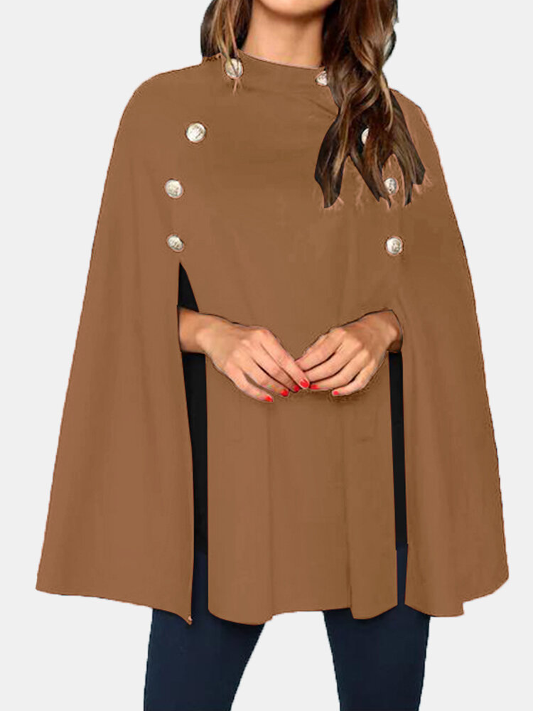 Women Solid Color Side Button Cloak Coat