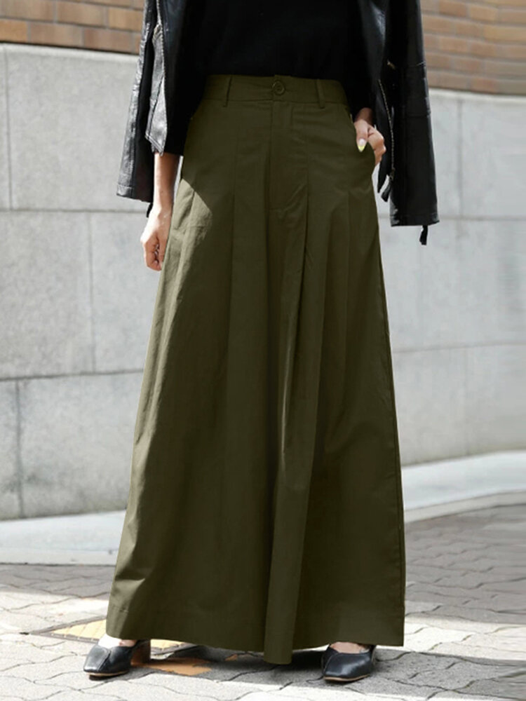 Casual Solid Color Loose Plus Size Wide Leg Pants with Pockets