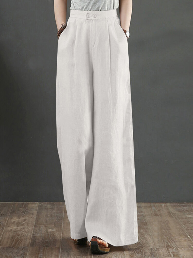 Solid Casual Pocket Wide Leg Pants For Women