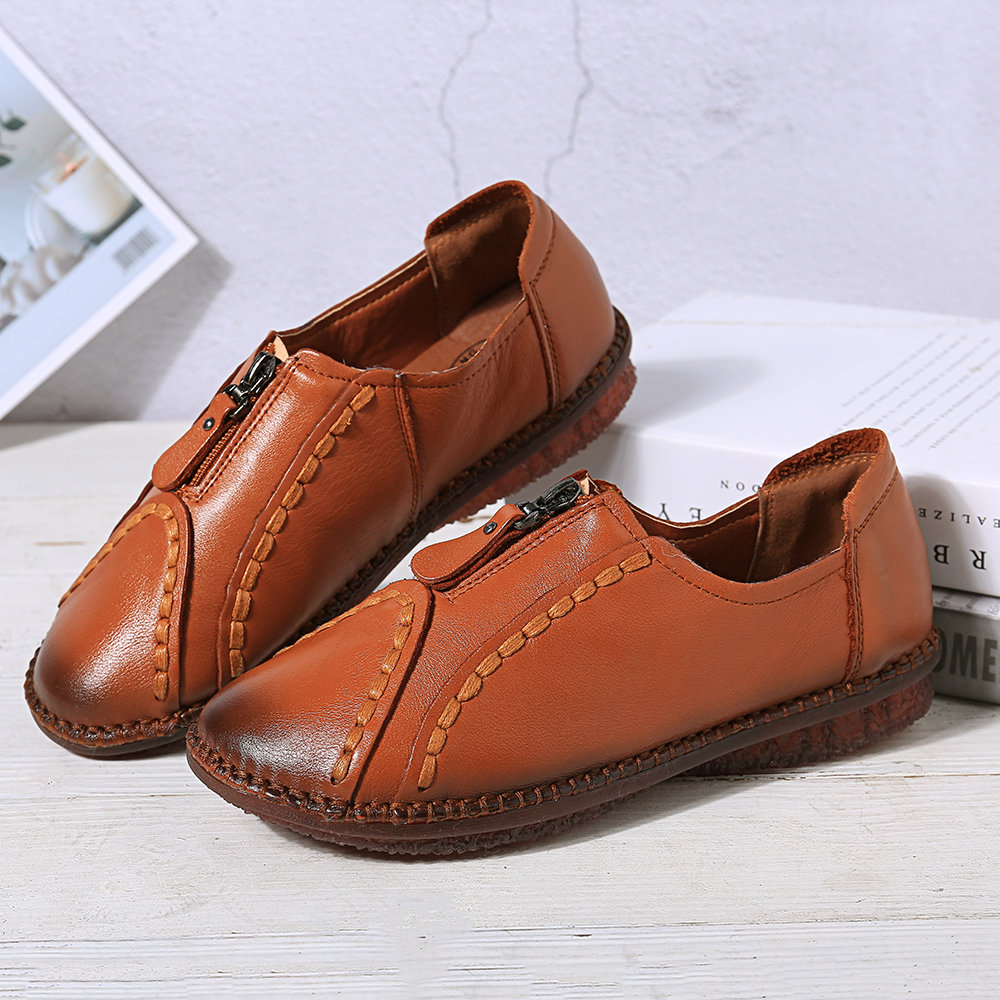 Women Comfy Soft Zipper Flat Cow Leather Loafers