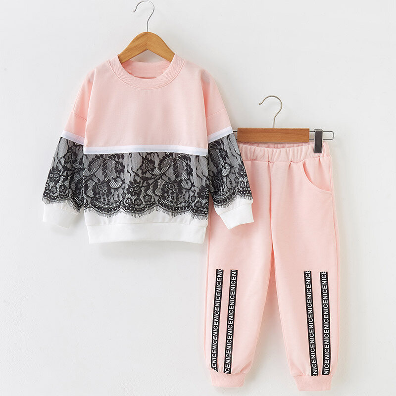 Girl's Lace Patchwork Sweatshirt Long Sleeves Set For 3-11Y
