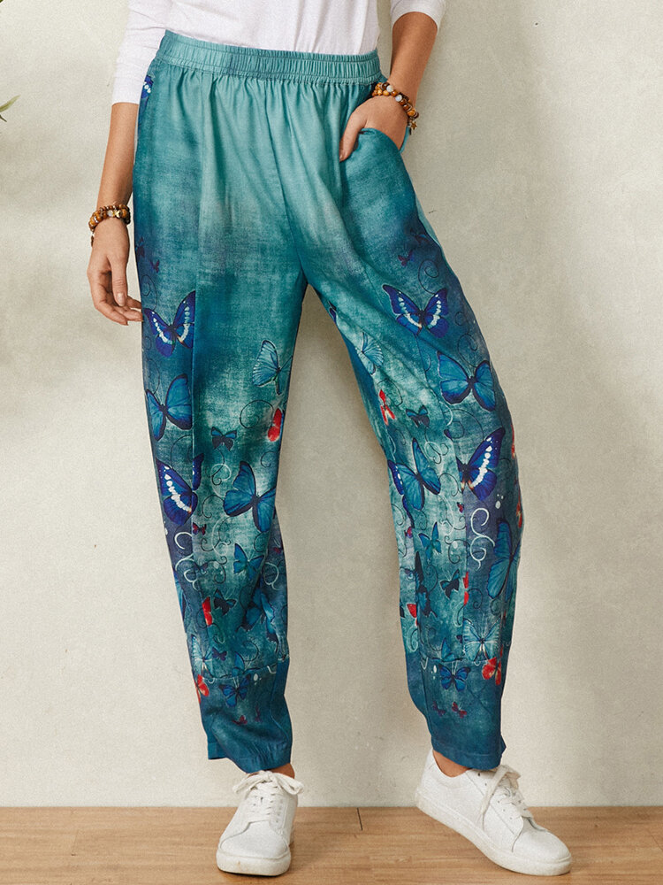 Butterfly Tie-dyed Print Elastic Waist Casual Pants With Pockets