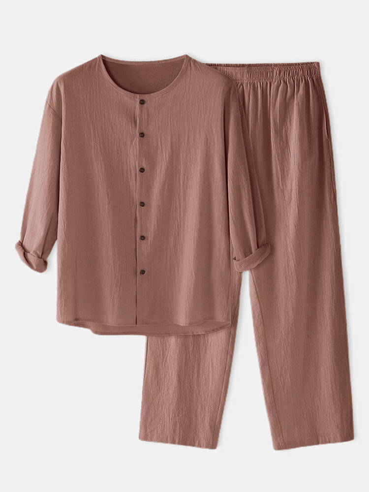 

Men Cotton Button O-Neck Shirt & Pants Co-ords Breathable Long Sleeve Cozy Two Pieces Loungewear Sets, Khaki;grey;brown