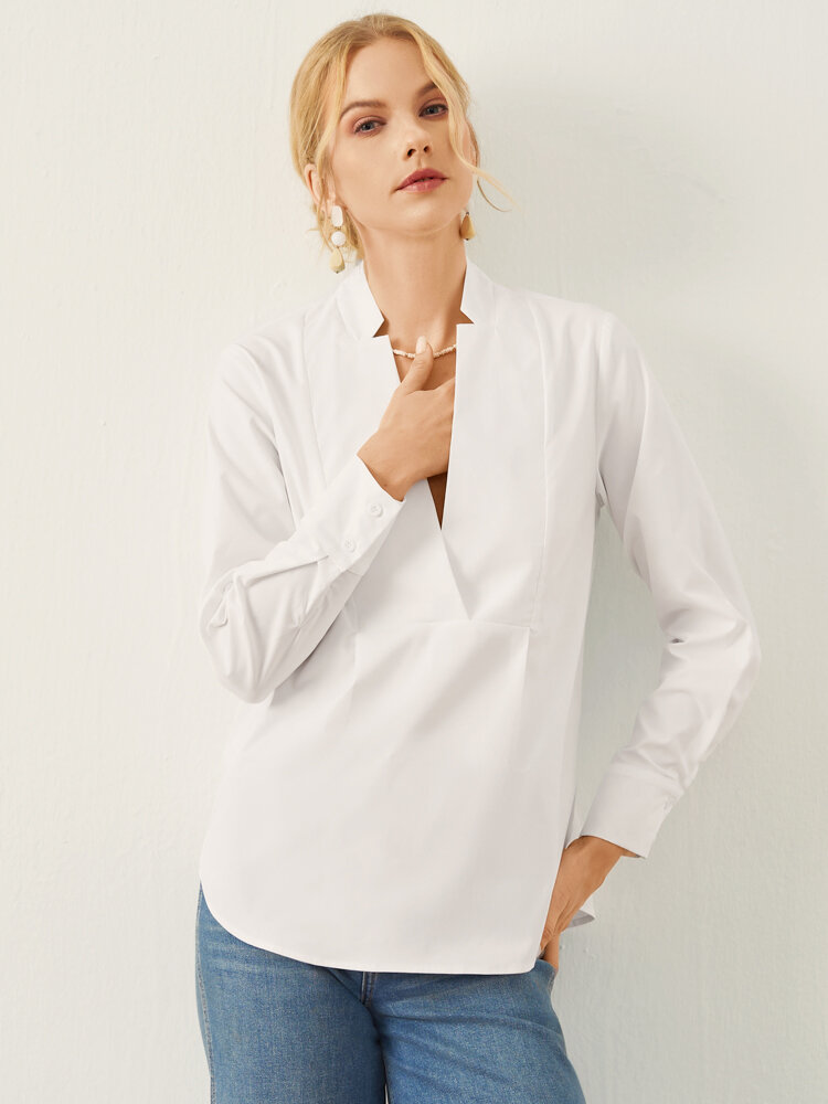 Women Solid Long Sleeve Casual Stand Collar Blouse