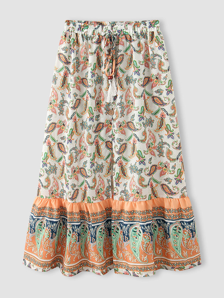 Paisley Print Drawstring Button Slit Bohemian Women Skirt