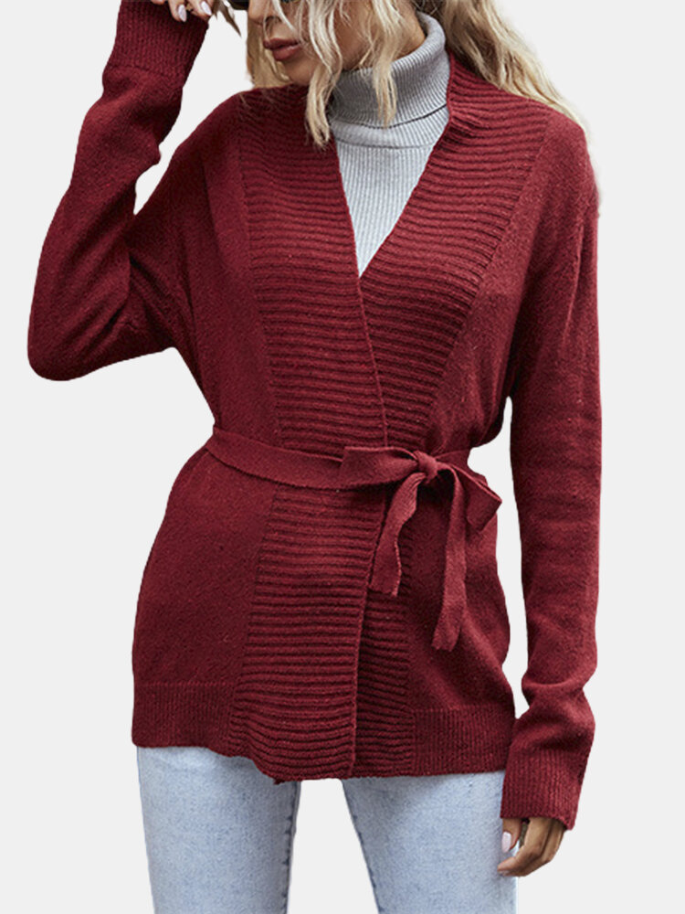 

Solid Color Waistband Long Sleeves Casual Cardigans for Women, Wine red