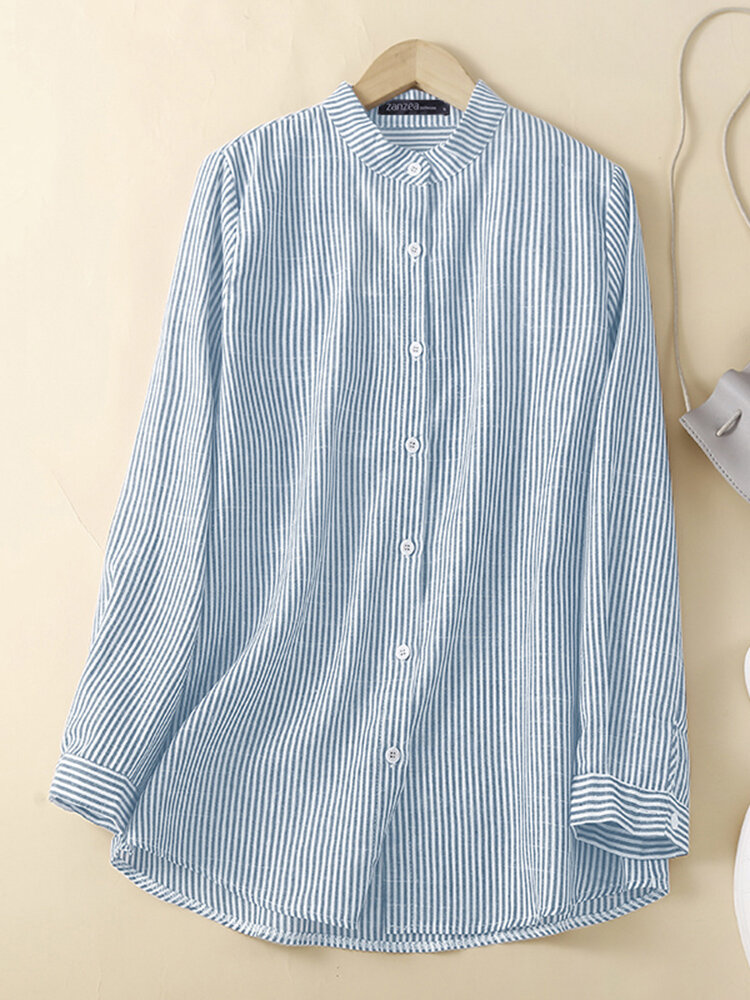 Stripe Pattern Long Sleeve Stand Collar Casual Blouse