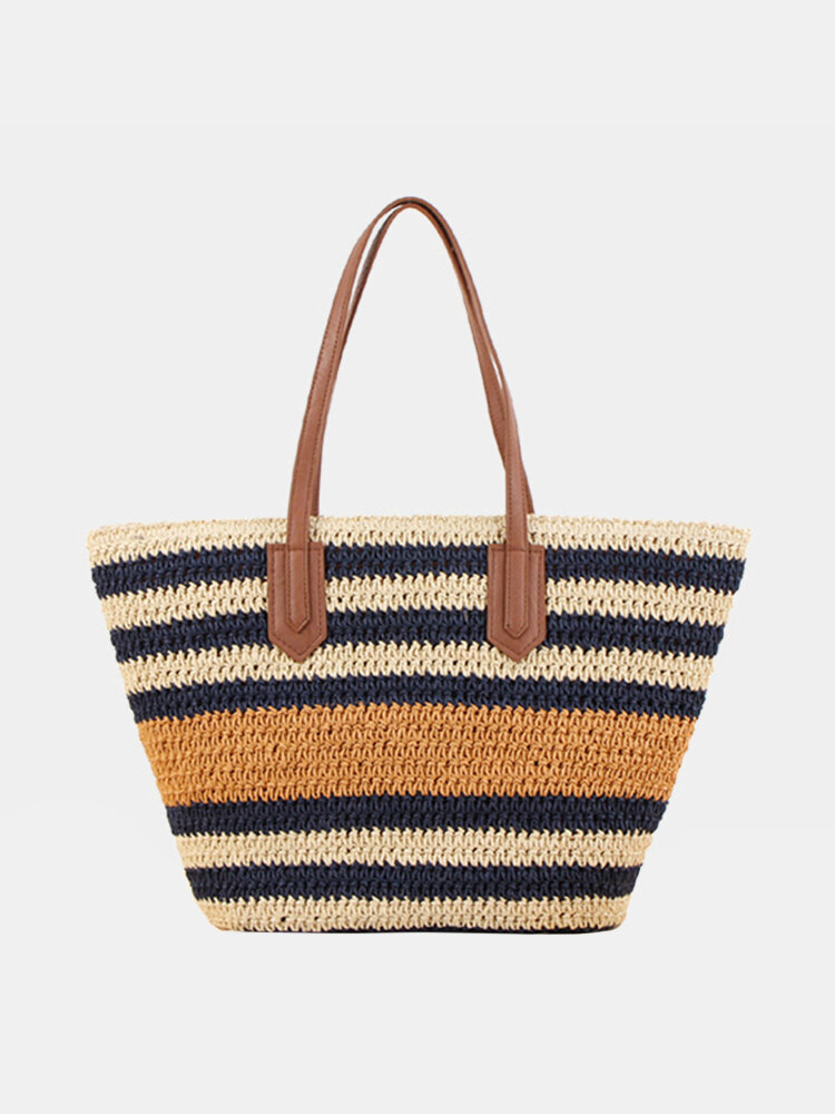 Striped Shoulder Bag Straw Beach Bag Handbag For Women