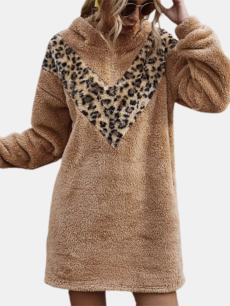 Fleece Leopard Print Zipper Casual Hooded Plus Size Midi Coat
