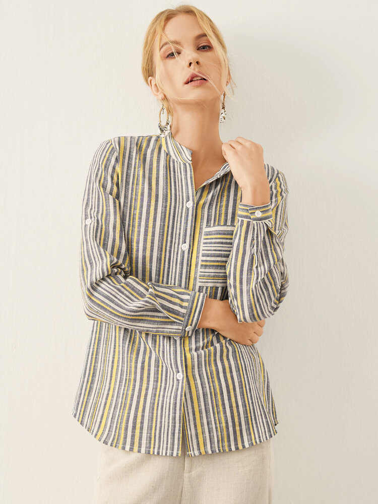 Stripe Print Button Pocket Stand Collar Long Sleeve Blouse