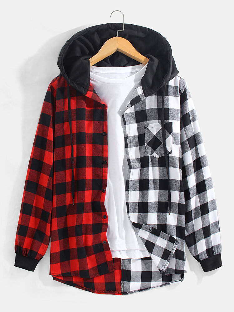 Mens Contrast Check Patchwork Long Sleeve Casual Flannel Hooded Shirts