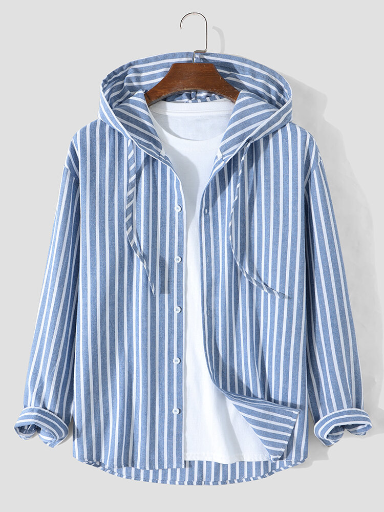 Mens Striped Button Up Preppy Long Sleeve Hooded Shirts