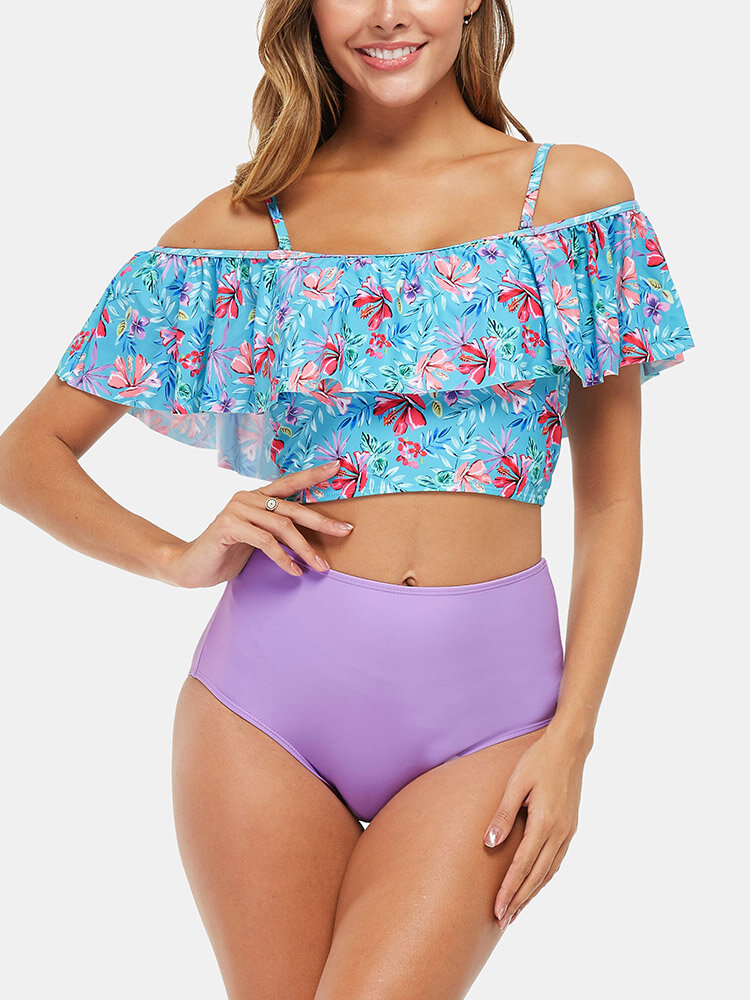 

Women High Waist Bikini Ruffles TrimFloral Print Sexy Beachwear For Swimming, Purple;navy