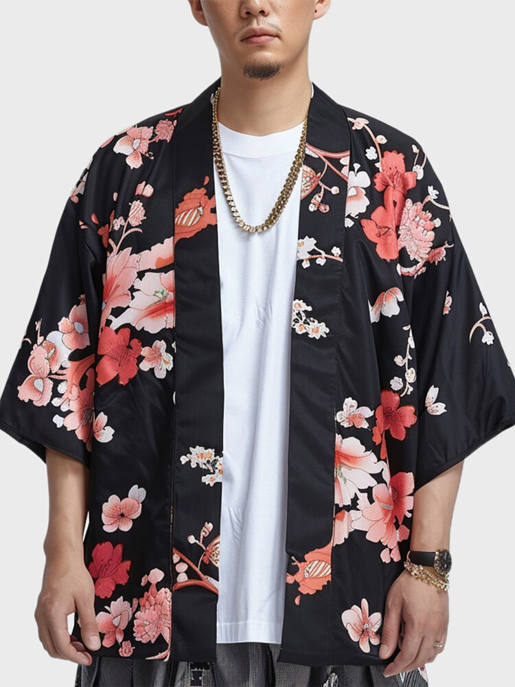 

Mens Allover Japanese Floral Print Open Front Loose 3/4 Sleeve Kimono, Black