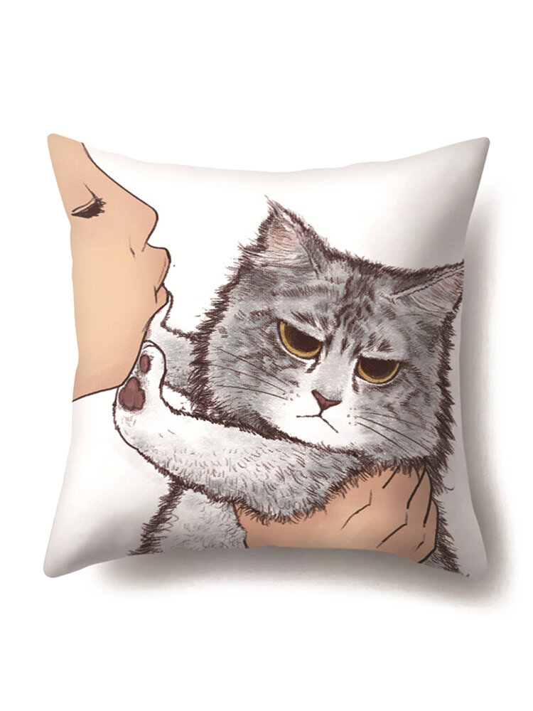 Funda de almohada de poliéster de una cara creativa geométrica de gato, funda de almohada para sofá, funda de cojín para el hogar, funda de almohada para sala de estar y dormitorio