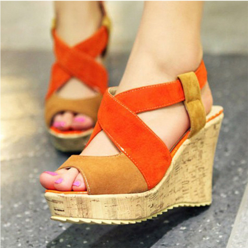 Extra Size Mixed Color Platform Peep Toe Wedge Sandals