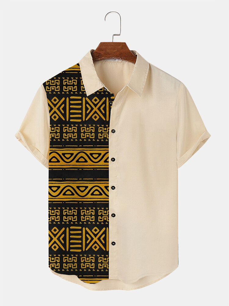 Mens Ethnic Tribal Geometric Pattern Patchwork Short Sleeve Shirts Winter