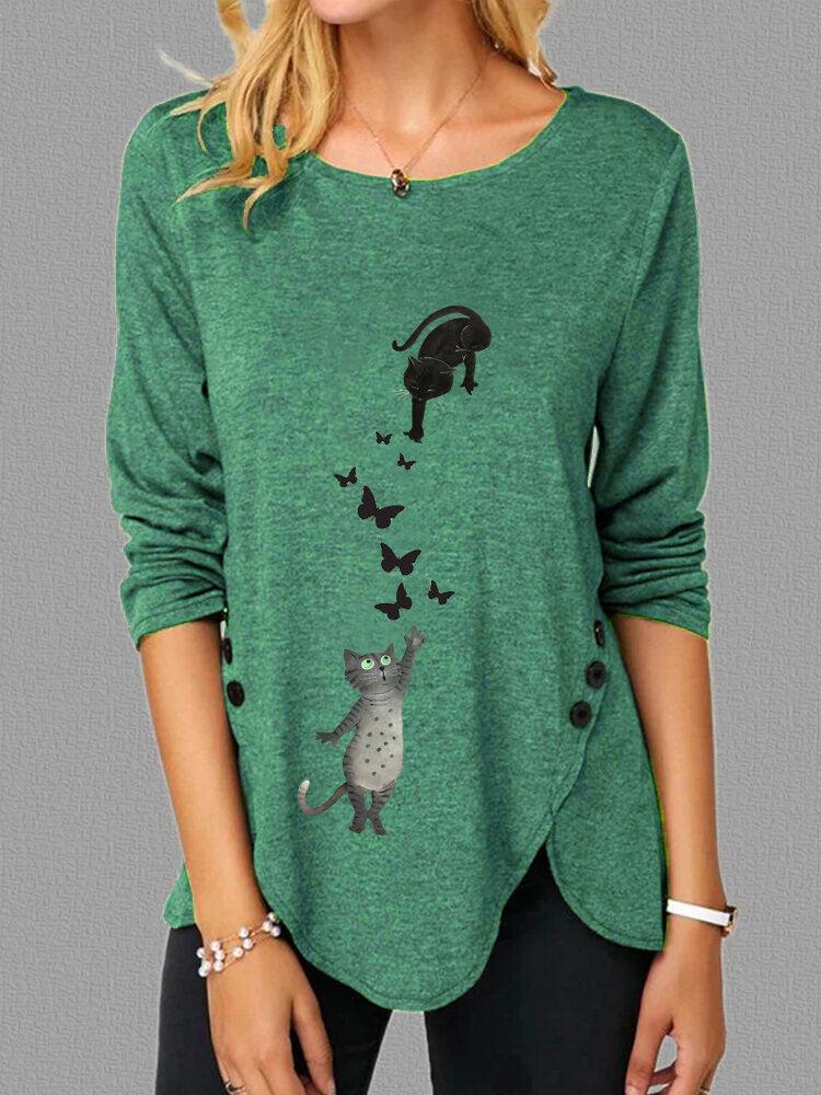 Cute Cat Butterflies Print Long Sleeve Irregular Plus Size T-shirt