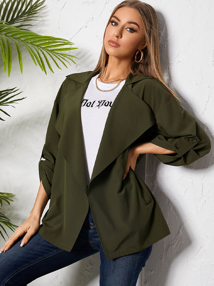 Solid Lapel Collar Adjuatable Sleeves Pocket Trench Coat