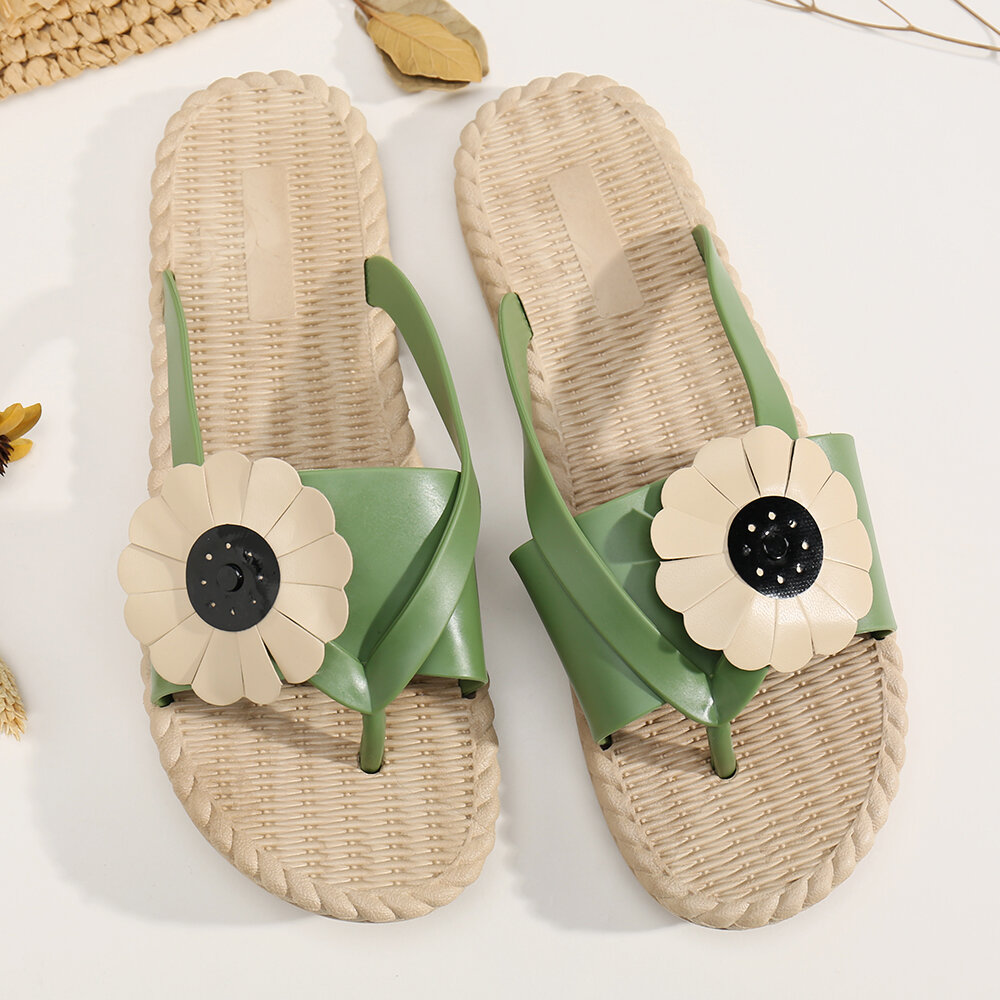 

Womens Clip Toe Sunflower Beach Massage Soles Flats Slippers, Green;beige;black