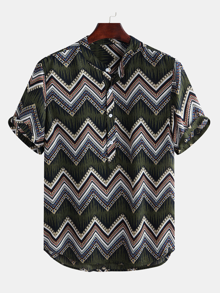 Mens Funny Ethnic Chevron Printed Stand Collar Short Sleeve Loose Henley Shirts
