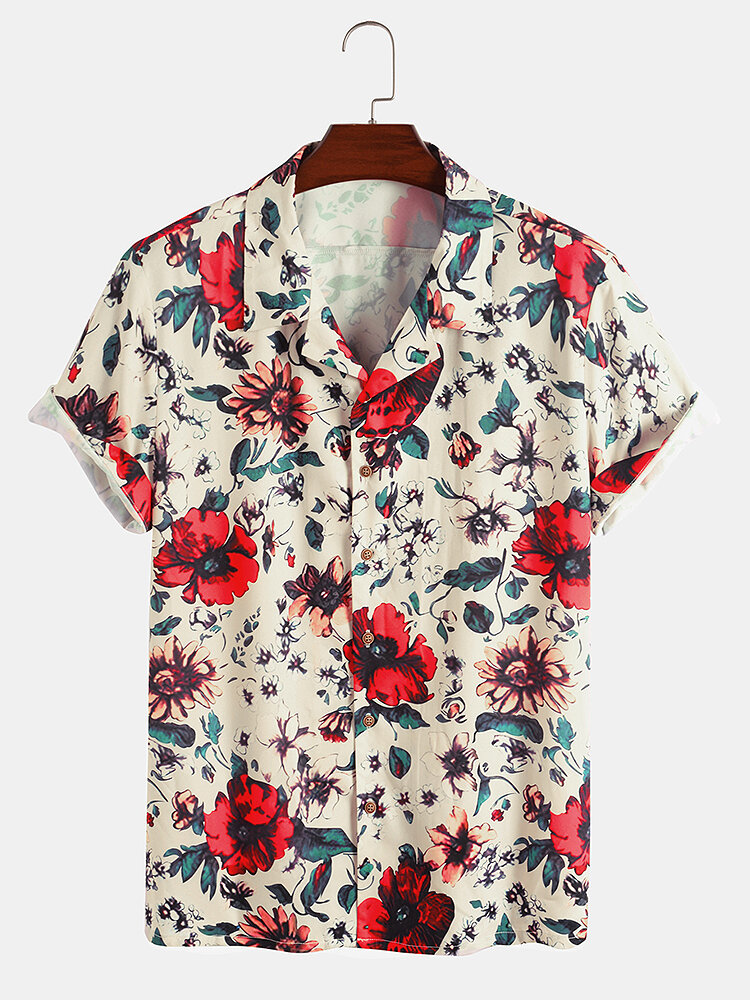Mens All Over Floral Print Revere Collar Holiday Short Sleeve Shirts