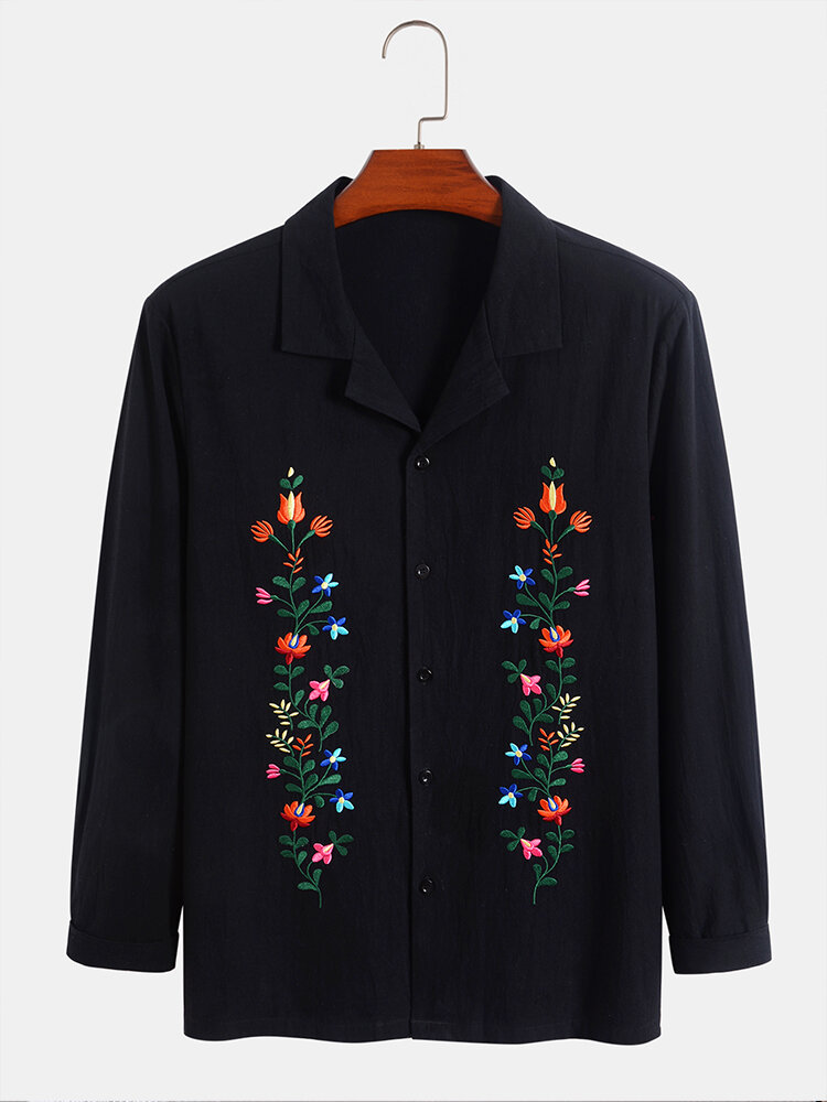 Mens Floral Embroidered Ethnic Style Revere Collar 100% Cotton Long Sleeve Shirts