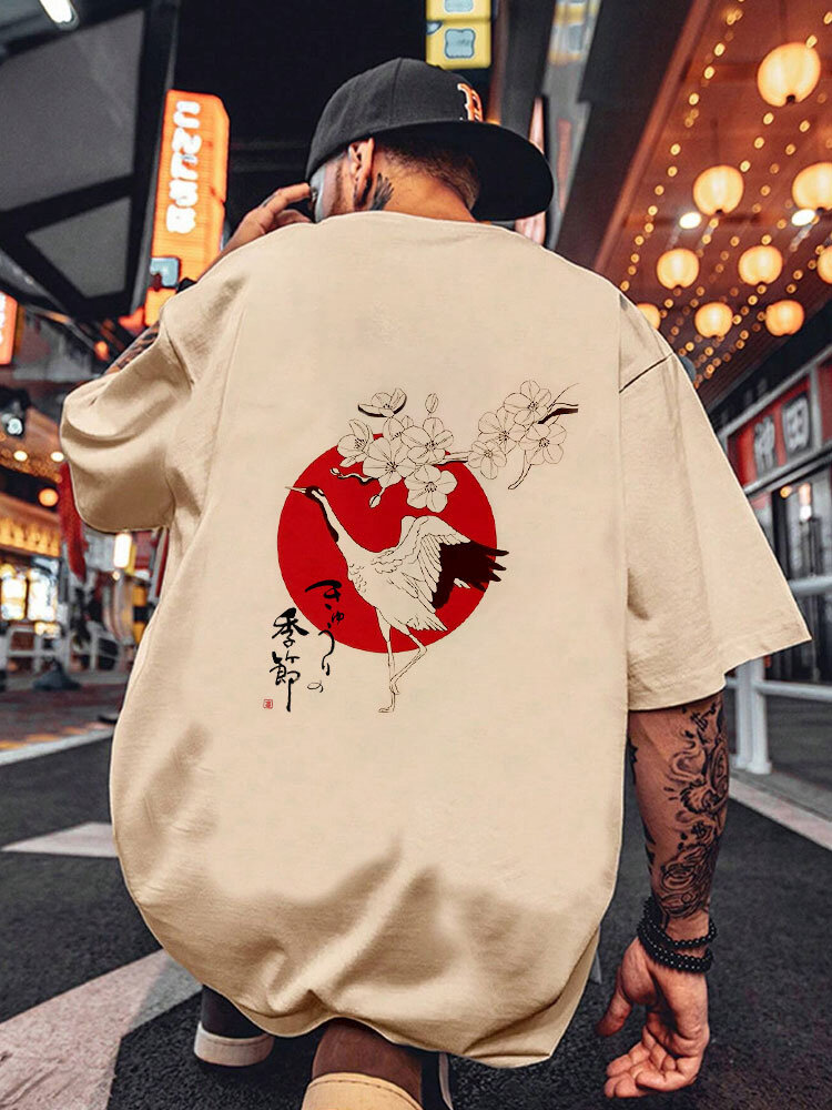 Herren-T-Shirt mit japanischem Kranich-Blumen-Rückendruck, kurzärmelig