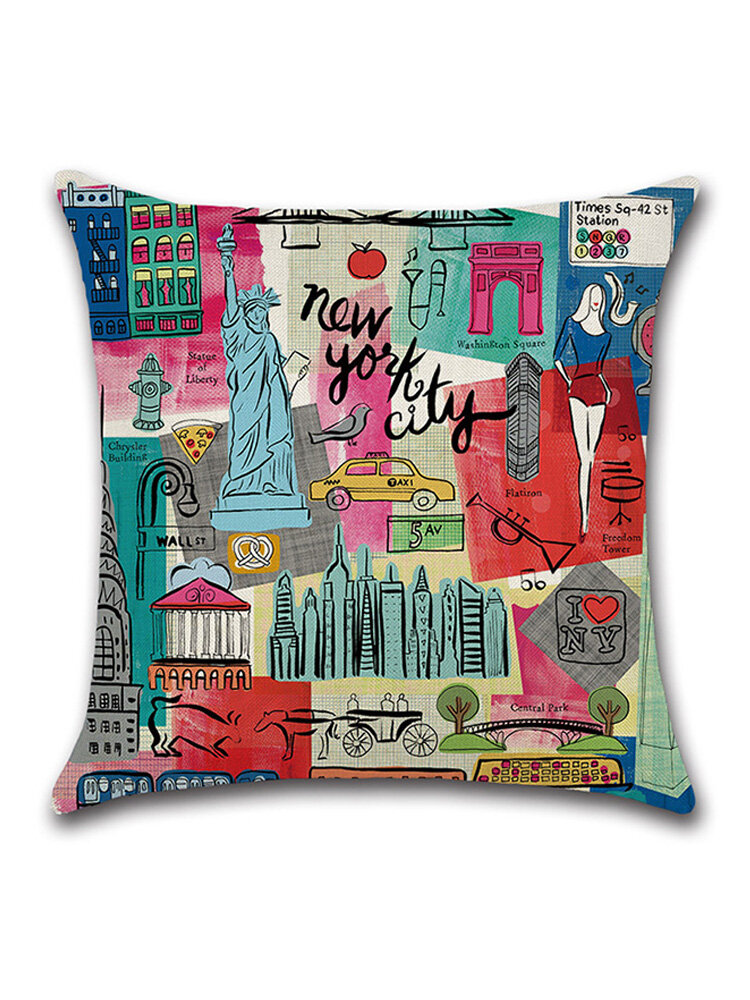 1 PC Creative Cartoon Graffiti City View Linen Cushion Cover Home Sofa Decor Office Throw Pillow Cover Pillowcase