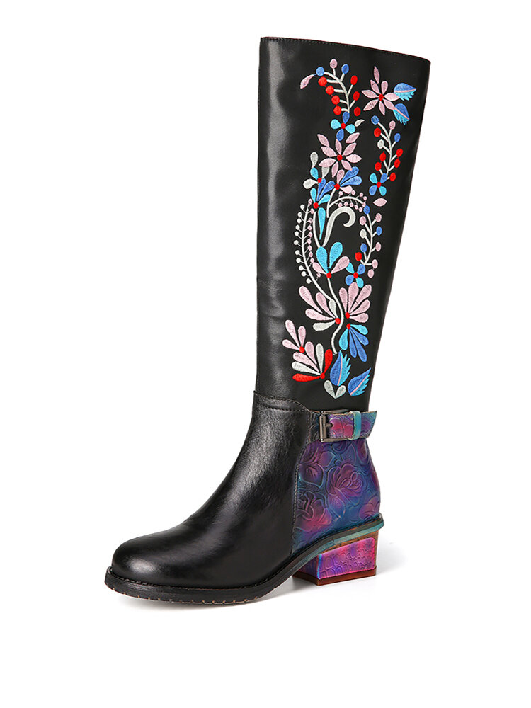SOCOFY Flower Embroidered Cowhide Leather Warm Lined Block Heel Mid-calf Boots