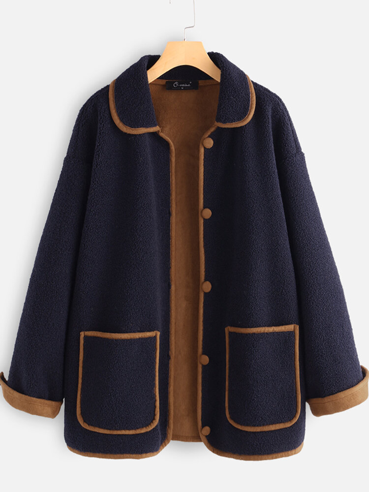 Wool Patchwork Turn-down Collar Plus Size Winter Coat