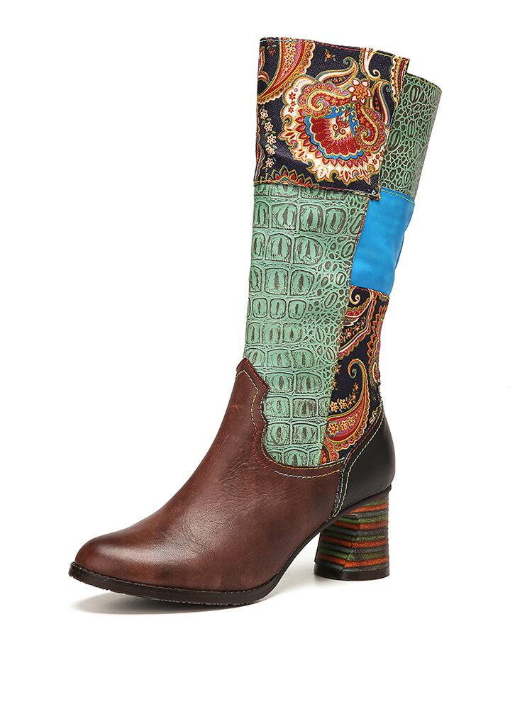 SOCOFY Retro Floral Cloth Paisley Splicing Colorblock Leather Wearable Sole Chunky heel Mid-calf Boots