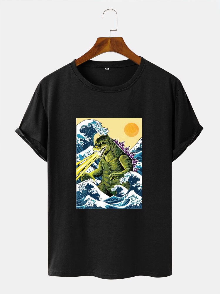 Mens Monster Wave Graphic Crew Neck Short Sleeve T-Shirts