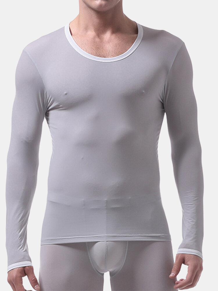 Men Stretch Plain Thermal Underwear Thin Nylon Breathable Slim Round Neck Shirts Long Johns