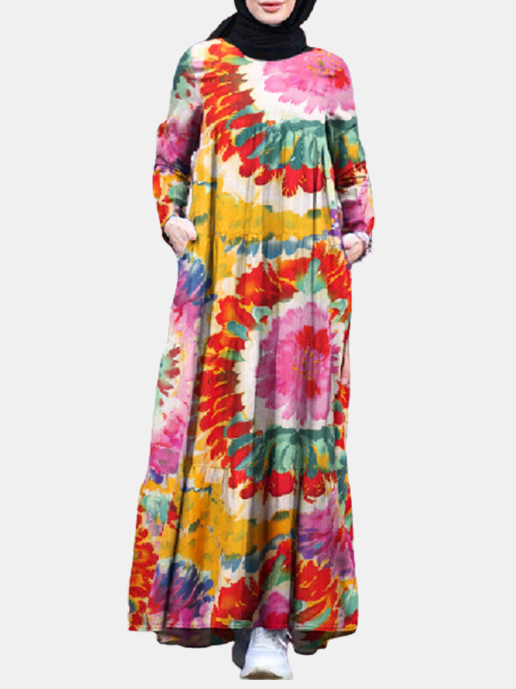 Colorful Calico Print Long Sleeve Dress With Pocket Women