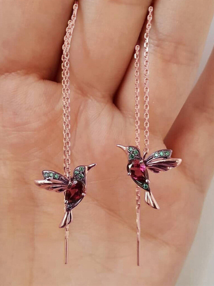 Vintage Inlaid Colorful Zircon Bird-Shaped Pendant Long Chain Tassel Copper Earring