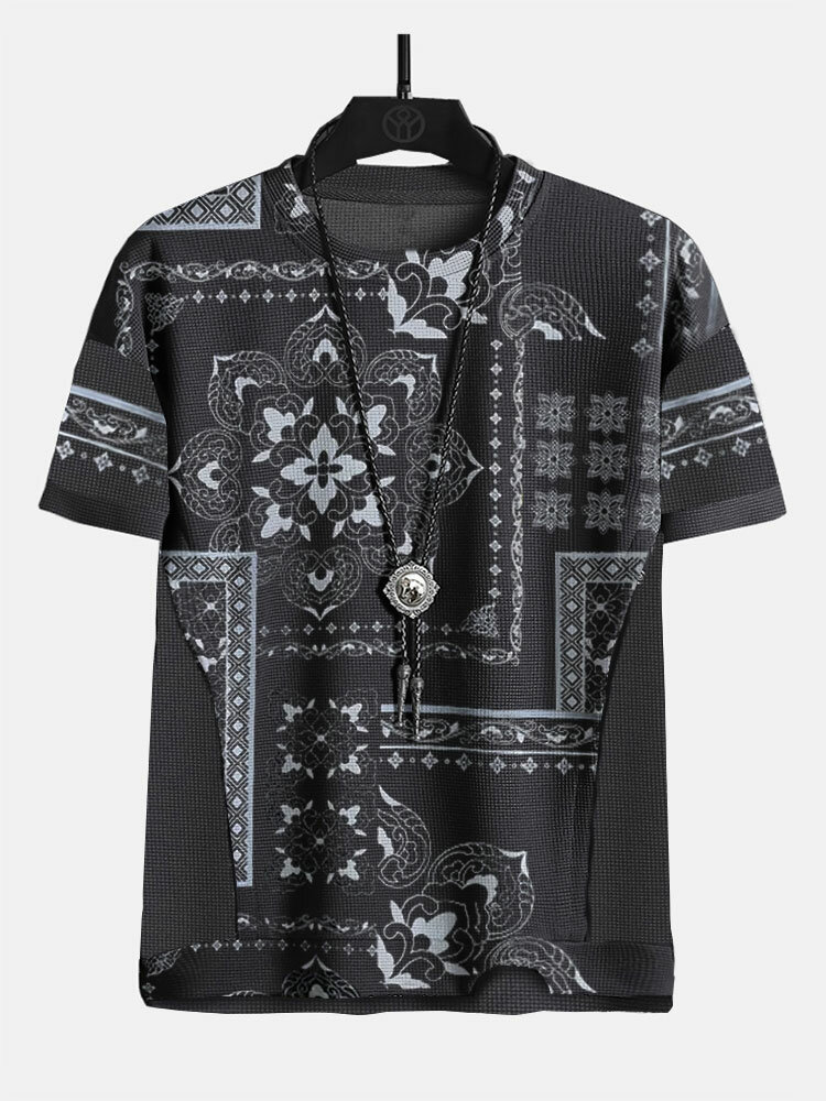 Camisetas de manga corta de punto con estampado floral étnico para hombre Cuello