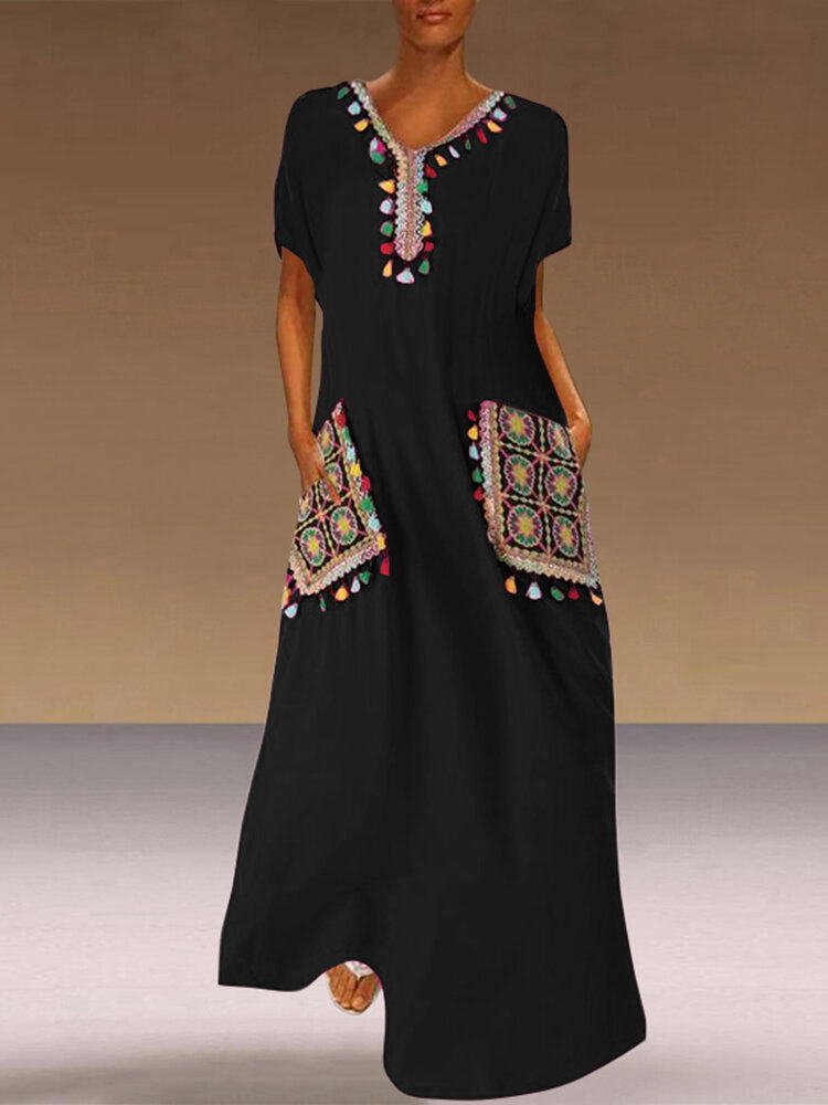 African Print Tassel V-neck Short Sleeve Plus Size Maxi Dress