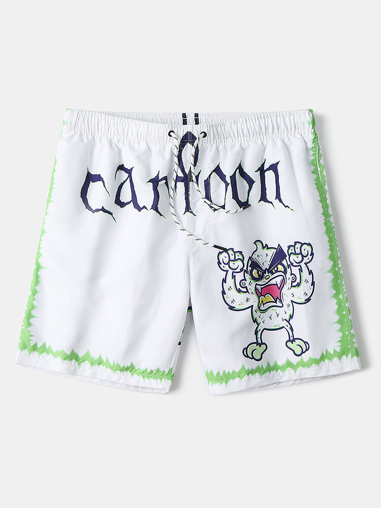 Mens Letter & Cartoon Graphics Beach Board Shorts With Liner