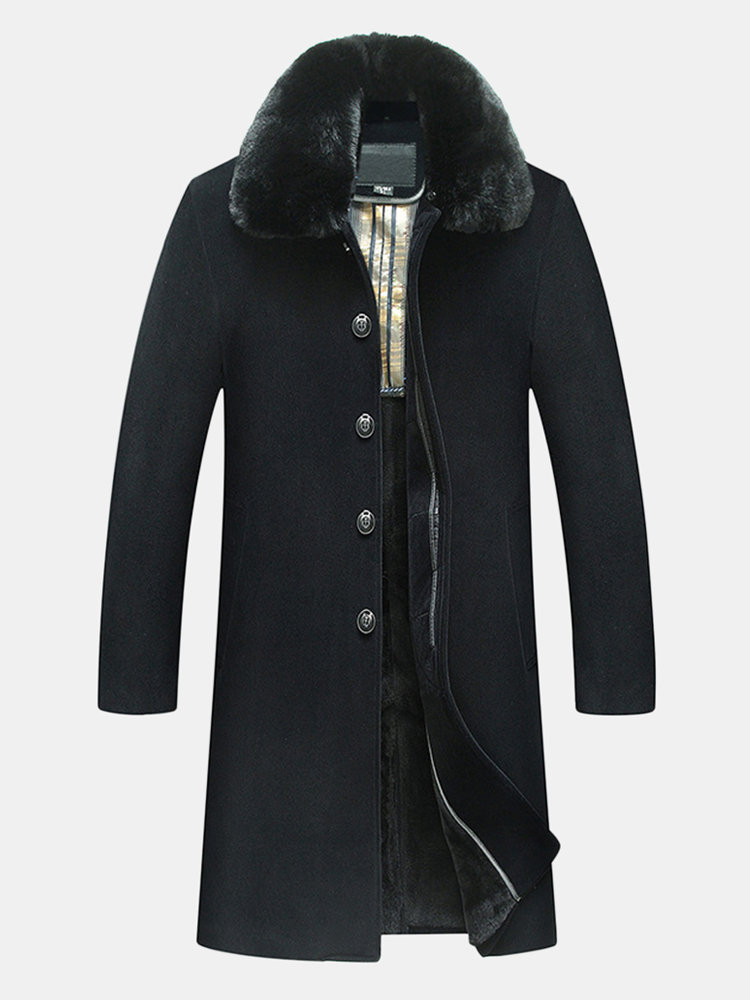 

Mens Double Side Woolen Coat Thickened Warm Wool Collar Mid-Length Casual Trench Coat, Black