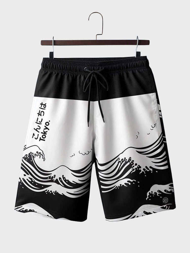 Shorts de cintura con cordón y estampado de ondas japonesas monocromáticas para hombre