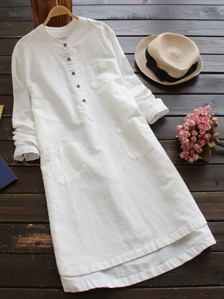 Solid Stand Collar Long Sleeve Pocket Button Vintage Dress