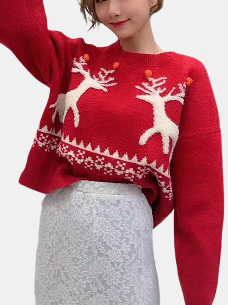 Christmas Elk Print Knitted Casual Sweater For Women