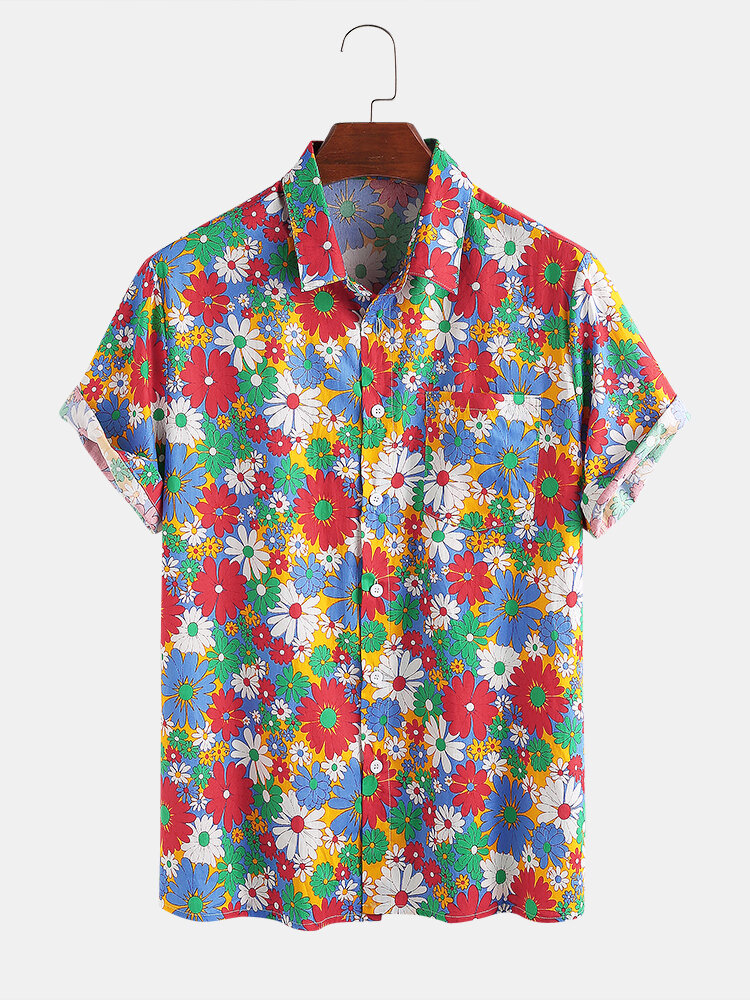 100% Cotton Colorful Daisy Printed Lapel Casual Holiday  Shirt For Men Women