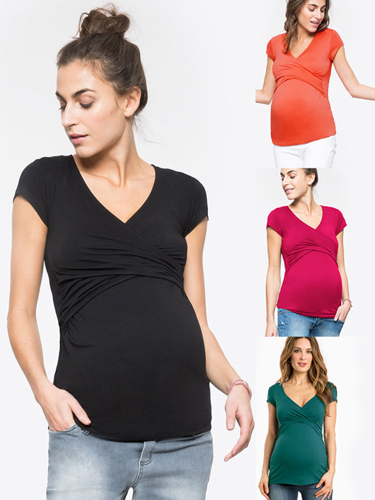 Solid Wrapped Neck Short Sleeve Maternity Nursing Top