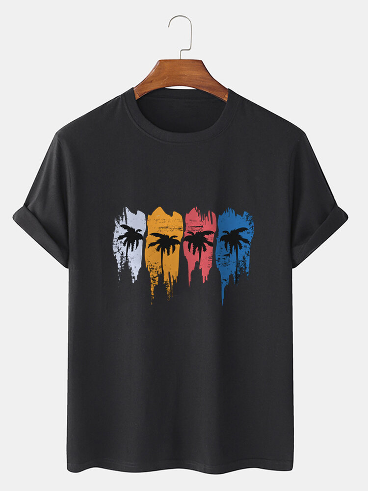 Mens Colored Coconut Tree Graphics 100% Cotton Holiday Short Sleeve T-Shirts