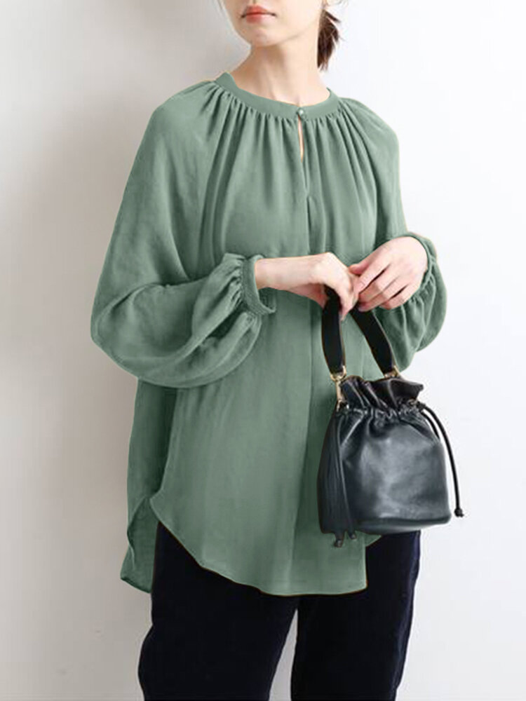 Solid Long Sleeve Round Neck Casual Blouse